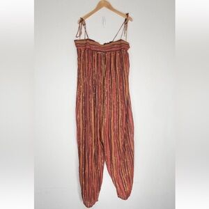 Free People Harem Lurex Sheer Jumpsuit Copper Rust Brown Metallic Size L